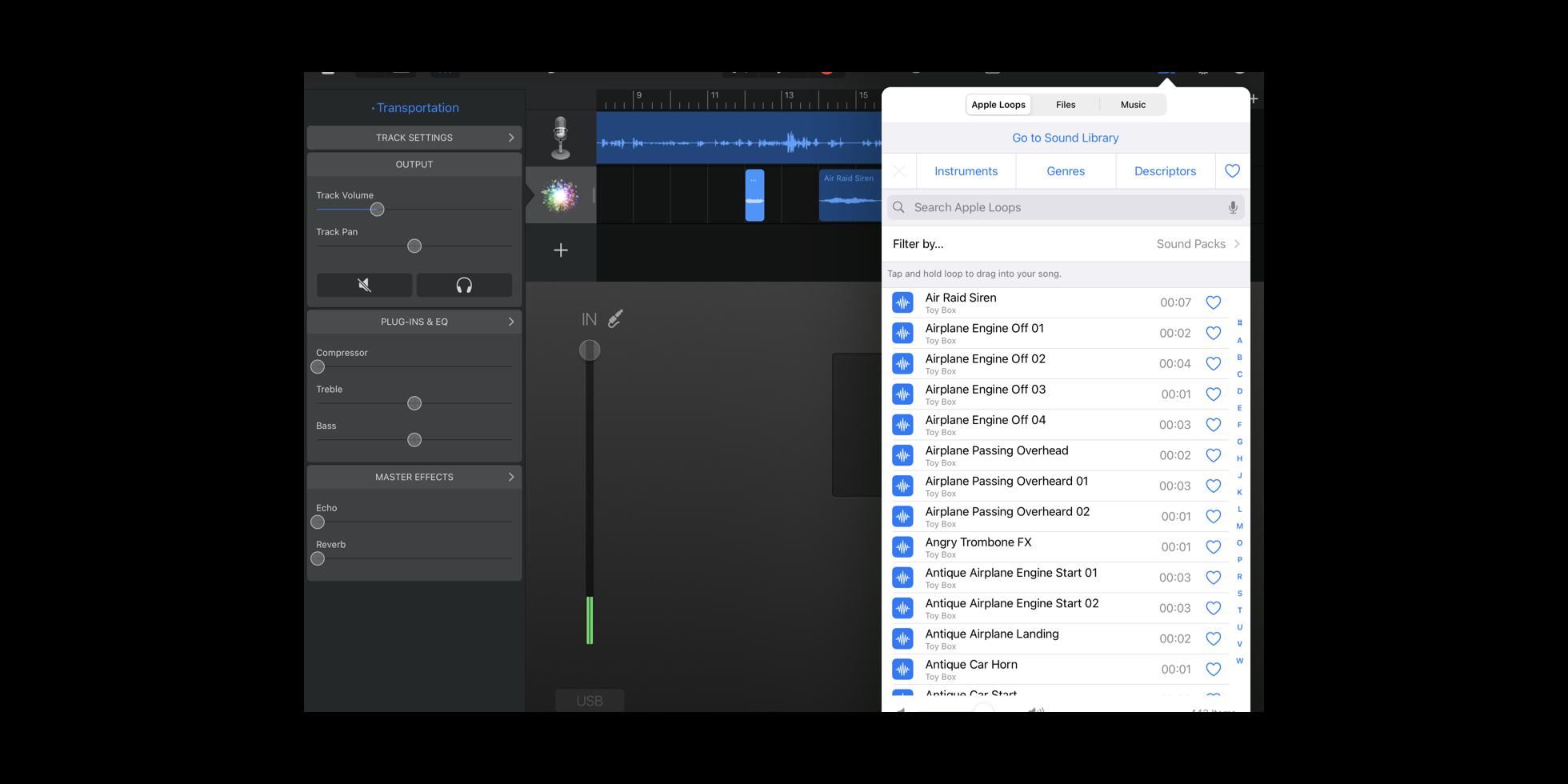 A screen capture of GarageBand on the iPad, featuring the ToyBox Sound Pack