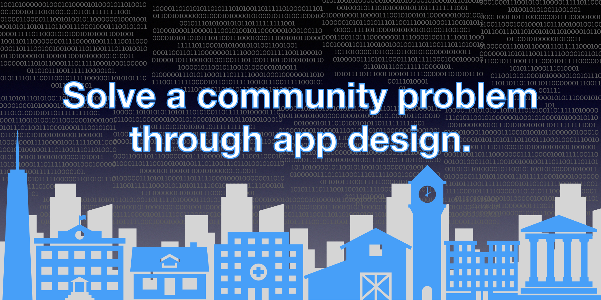 Text "Solve a community problem through app design" positioned on top of a dark background with shapes of a blue cityscape.