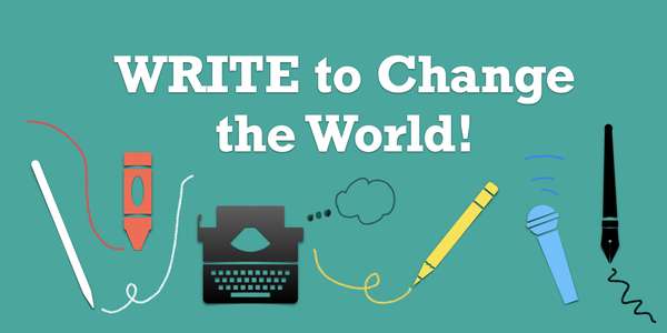 Text: "Write to Change the World" surrounding by images of writing tools.